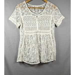 American Rag Beige Sheer Lace Short Sleeve Top Small